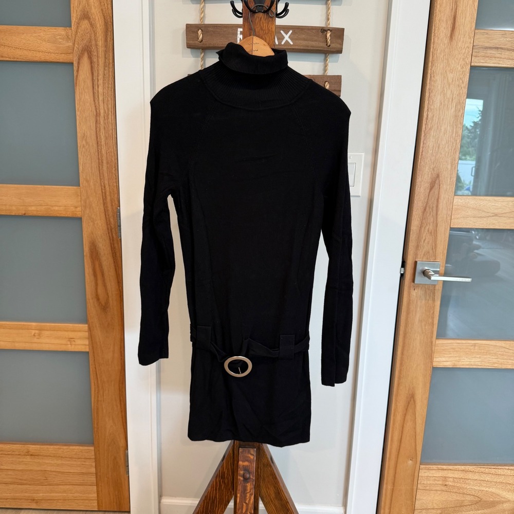 INC International Concepts Black Turtleneck Belted Sweater Mini Dress Medium WPL